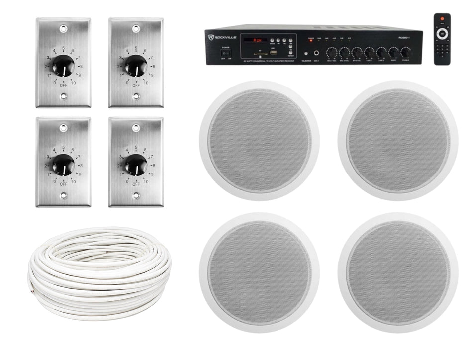 60 Watt Audio Amplifier with 4 Speakers, Volume Control and 250 Feet of Cable