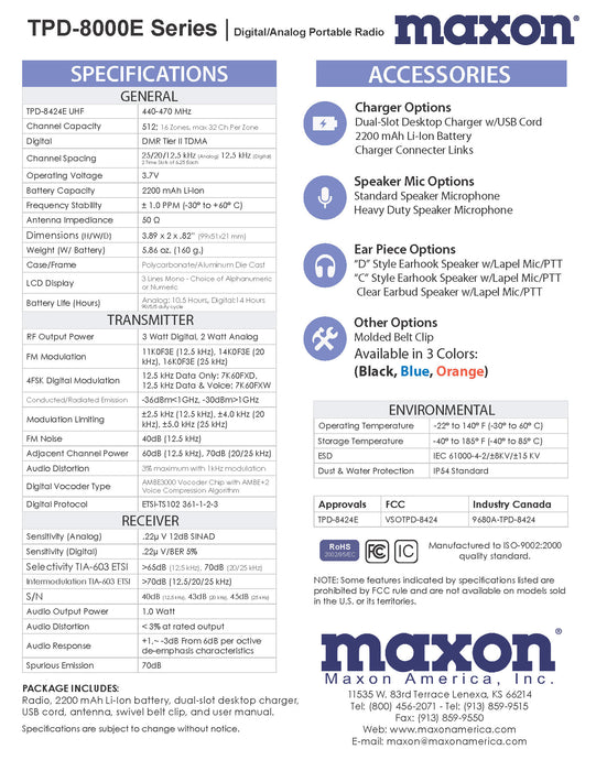 Maxon TPD-8000E Series DMR / Analog Portable Radio Package